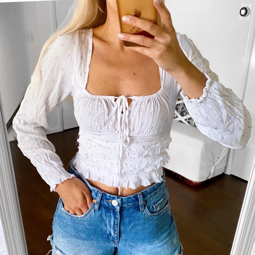 🐚 REBELLION BOHO WHITE BLUE DOTTED STRING LONG SLEEVE LAYERED RAW HEM CROP TOP!